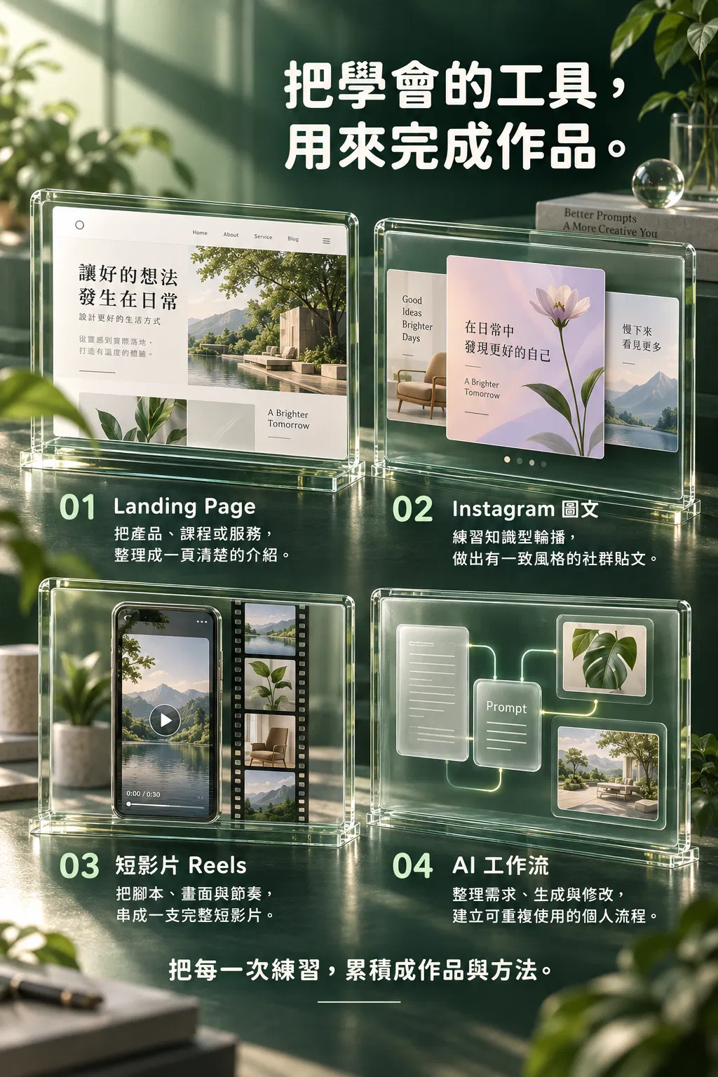 把學會的工具,用來完成作品。——01 Landing Page;把產品、課程或服務,整理成一頁清楚的介紹;02 Instagram 圖文;練習知識型輪播,做出有一致風格的社群貼文;03 短影片 Reels;把腳本、畫面與節奏,串成一支完整短影片;04 AI 工作流;整理需求、生成與修改,建立可重複使用的個人流程;把每一次練習,累積成作品與方法