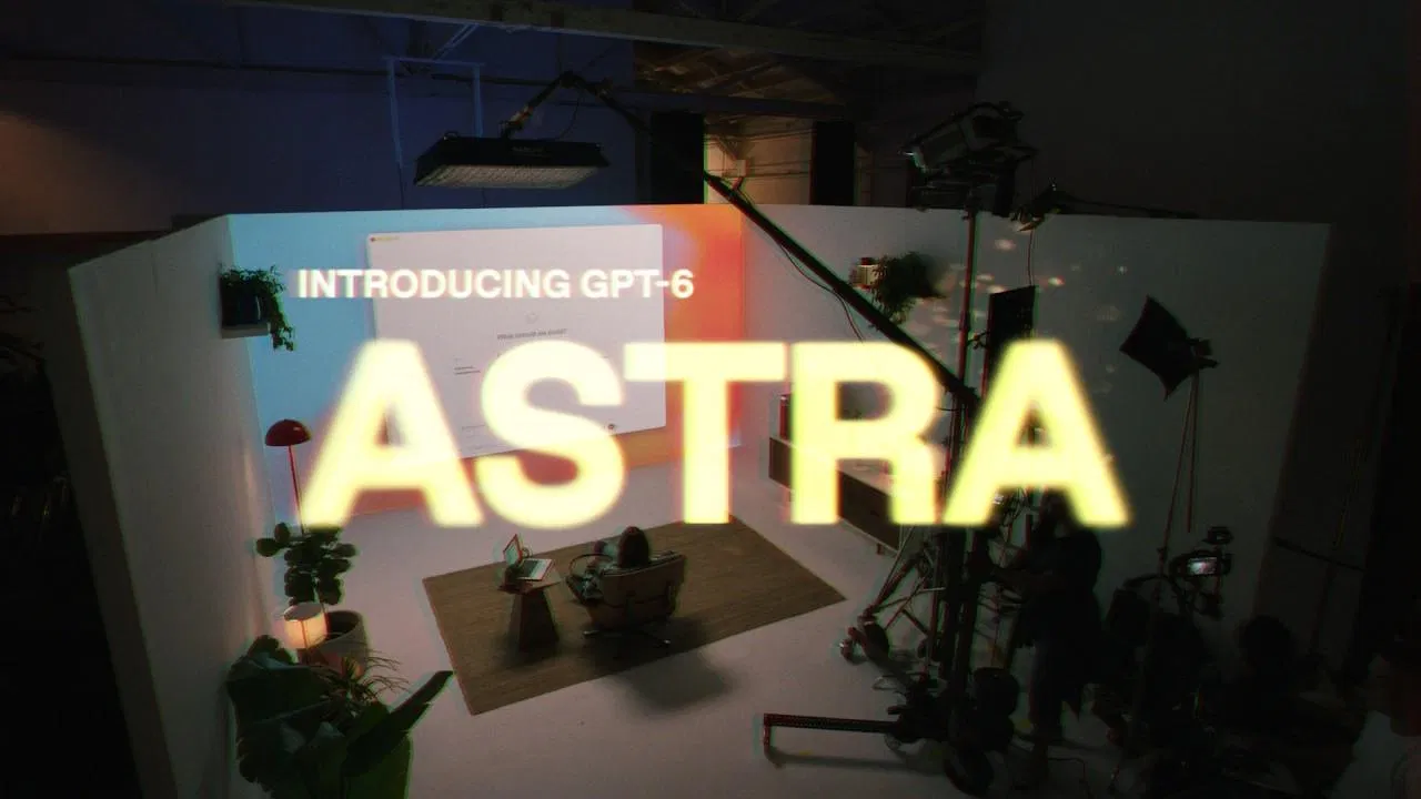 OpenAI GPT-6 Astra 發布影片片場：一張 Eames 椅面對一整面牆的投影畫面