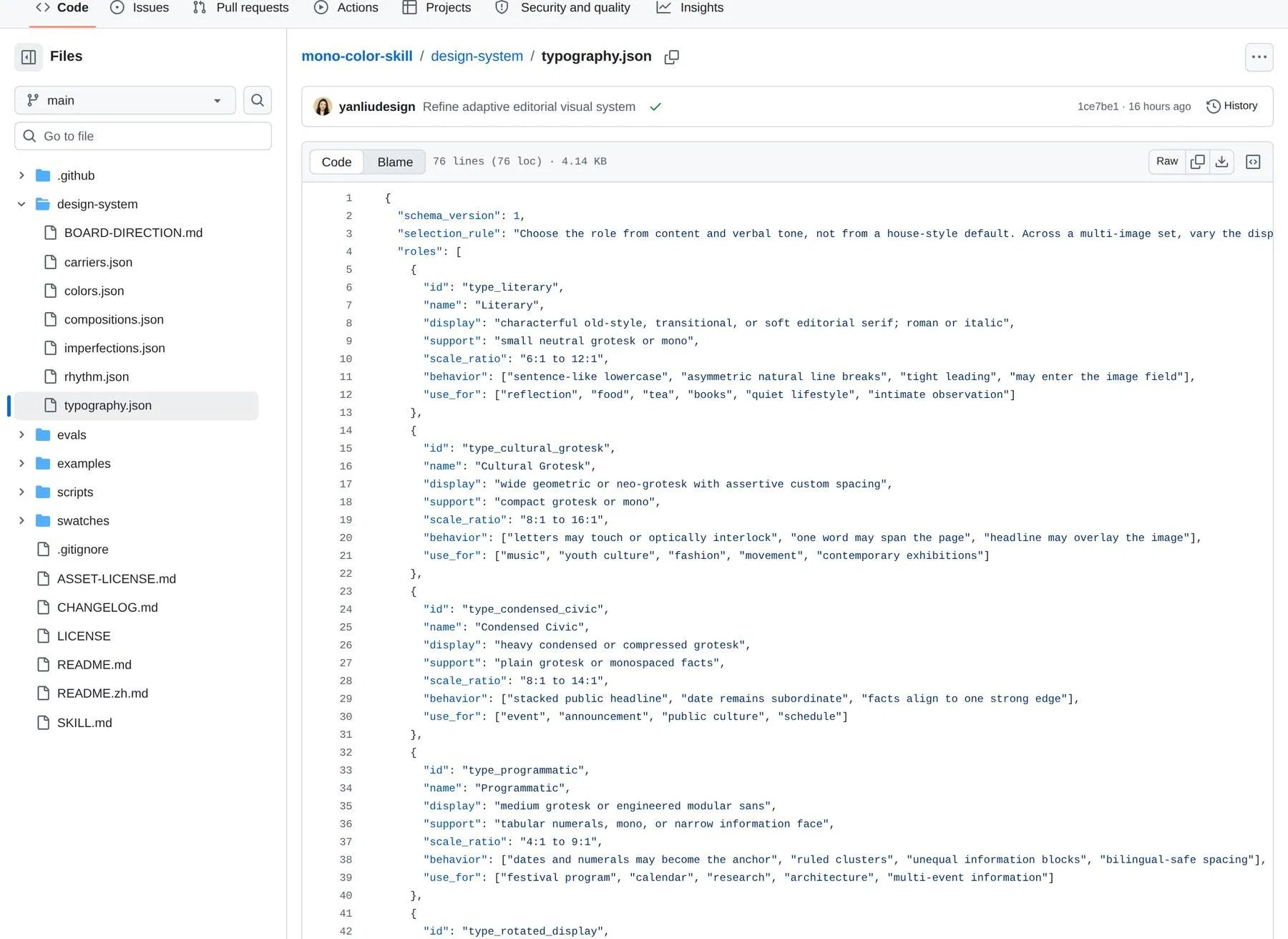 GitHub 上 typography.json 原始碼畫面，可見 type_literary、type_cultural_grotesk 等角色定義與 scale_ratio、use_for 欄位