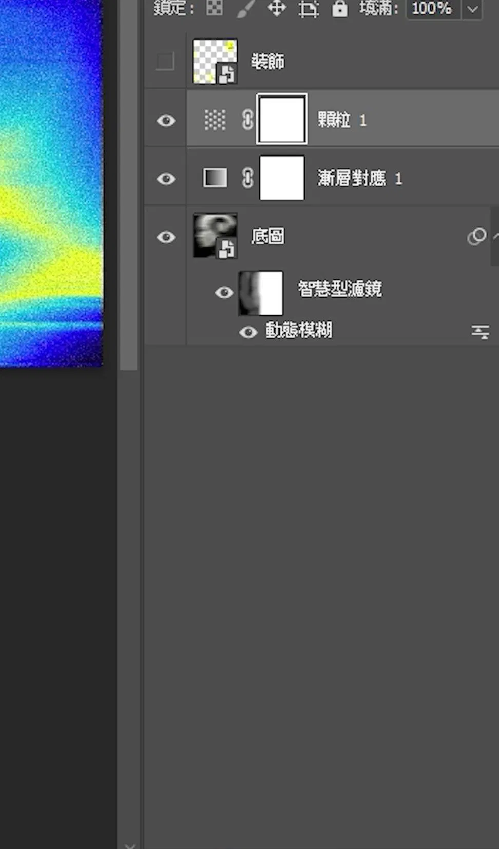 Photoshop 圖層面板：最上層裝飾、顆粒 1、漸層對應 1、底圖智慧型物件與其下的智慧型濾鏡動態模糊