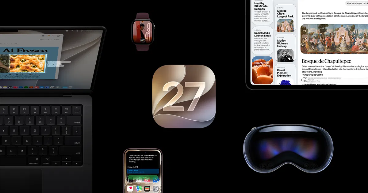 iOS 27 Liquid Glass 官方主視覺：玻璃材質的 27 圖示，周圍是 iPhone、iPad、Mac、Apple Watch 與 Vision Pro 上的 OS 27 介面