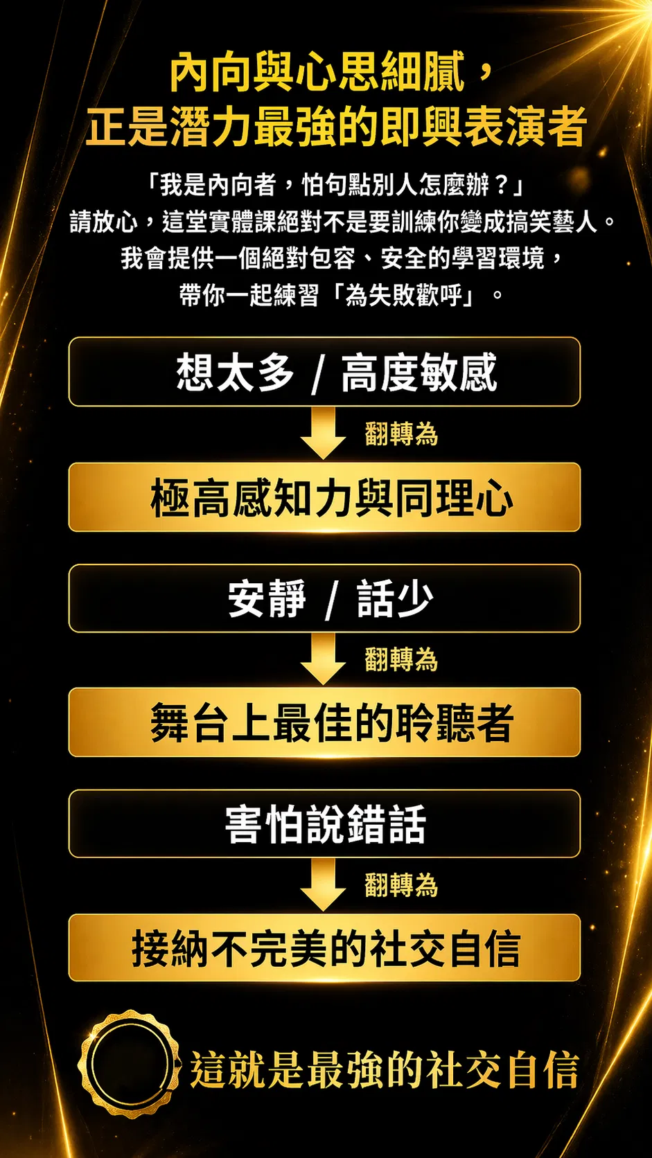 內向與心思細膩，正是潛力最強的即興表演者。這堂實體課不會訓練你變成搞笑藝人，而是提供絕對包容安全的學習環境，帶你練習為失敗歡呼。想太多與高度敏感翻轉為極高感知力與同理心，安靜話少翻轉為舞台上最佳的聆聽者，害怕說錯話翻轉為接納不完美的社交自信