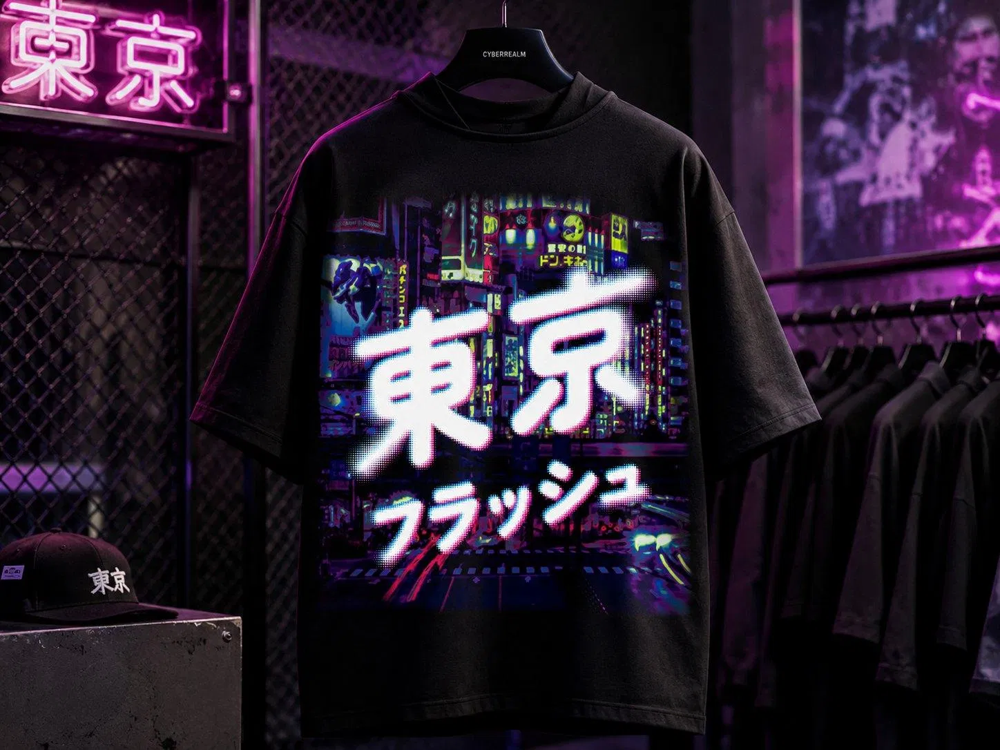 點陣漸變文字印在黑色 T-shirt 上,服飾店陳列中呈現街頭系穿搭氛圍