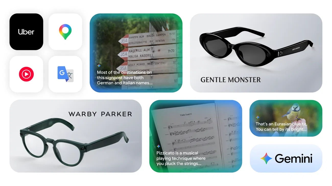 Android XR 智慧眼鏡官方主視覺，包含 Gentle Monster 跟 Warby Parker 兩款眼鏡實體照，以及 Gemini 在眼鏡上顯示地圖導航、即時翻譯、辨識鳥類、識別樂譜等使用情境