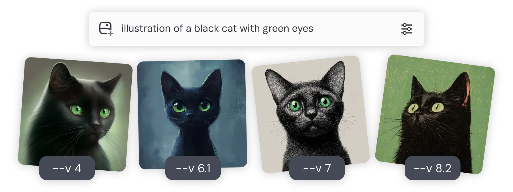 Midjourney 官方版本對照圖:同一句 illustration of a black cat with green eyes 提示詞分別以 --v 4、--v 6.1、--v 7、--v 8.2 生成的四張黑貓插畫