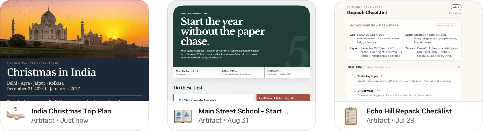 Meta Muse 的三張 Artifact 卡片：印度耶誕旅行計畫、Main Street School 開學指南、Echo Hill 營隊打包清單，每張都是排版完整的互動文件