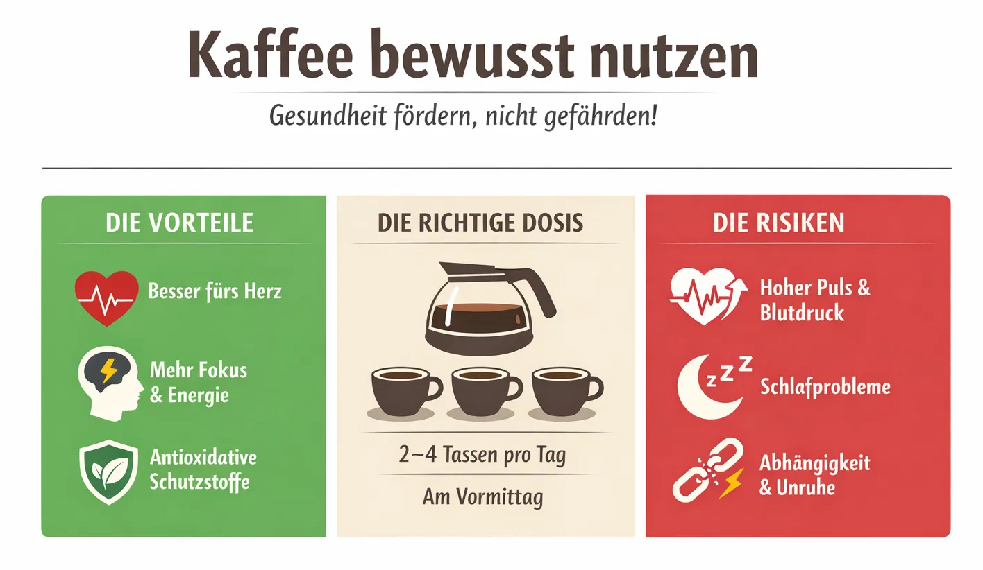 Infografik mit dem Titel „Kaffee bewusst nutzen – Gesundheit fördern, nicht gefährden“. Die Grafik ist in drei farblich getrennte Bereiche gegliedert. Links (grün) werden mögliche Vorteile von Kaffee dargestellt: eine Assoziation mit geringerer Herz-Kreislauf-Belastung, gesteigerte Wachheit und Konzentration sowie enthaltene antioxidative Schutzstoffe. In der Mitte (beige) wird die empfohlene Menge gezeigt: 2–4 Tassen Kaffee pro Tag, entsprechend etwa 75–100 Milligramm Koffein pro Tasse, vorzugsweise am Vormittag. Rechts (rot) werden mögliche Risiken dargestellt: vorübergehend erhöhter Puls und Blutdruck, Beeinträchtigung des Schlafs sowie Gewöhnung und mögliche Unruhe bei empfindlichen Personen.