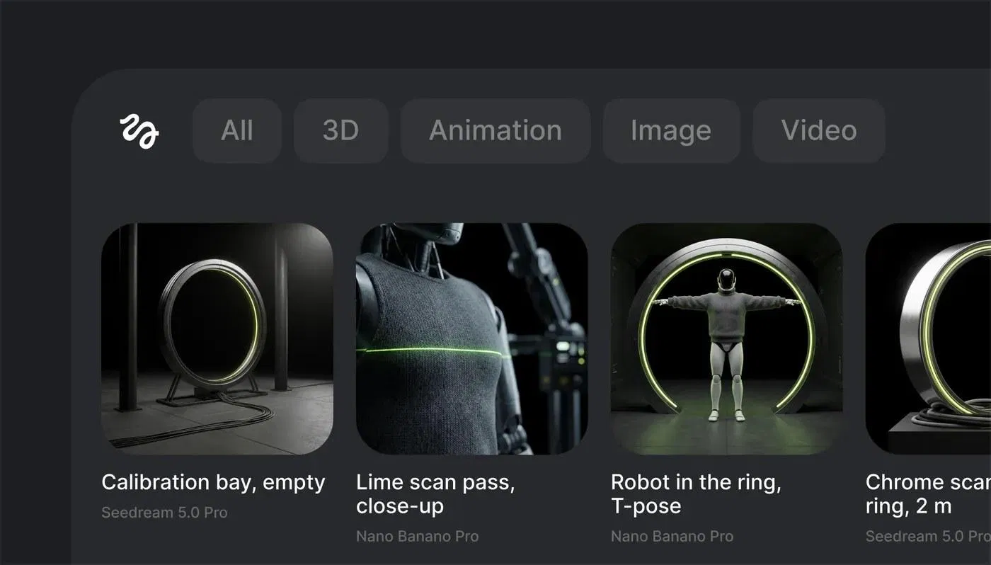 Higgsfield Blender 外掛的素材庫畫面：上方有 All、3D、Animation、Image、Video 分類，下方排著 Calibration bay、Lime scan pass、Robot in the ring 等生成結果，各自標示使用的模型
