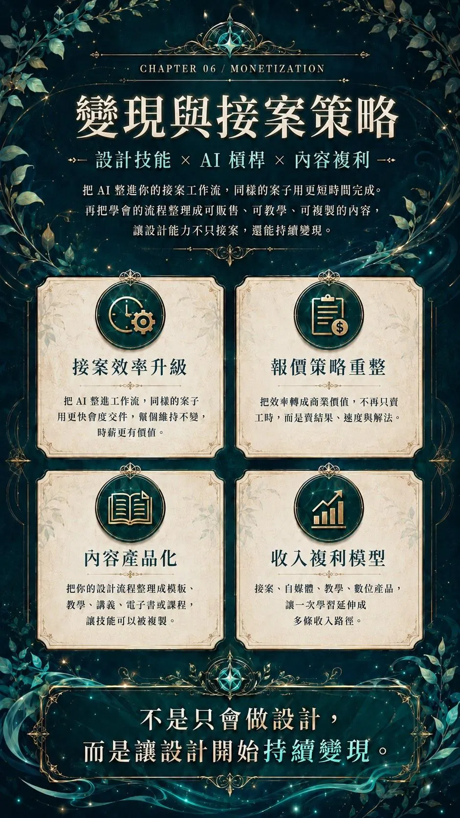 變現與接案策略——設計技能 × AI 槓桿 × 內容複利：接案效率升級、報價策略重整、內容產品化、收入複利模型