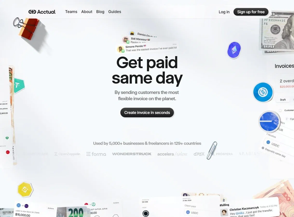 Acctual 官網首屏：標題 Get paid same day，副標 By sending customers the most flexible invoice on the planet，一顆 Create invoice in seconds 按鈕，下方寫著 Used by 5,000+ businesses and freelancers in 129+ countries 與客戶 logo