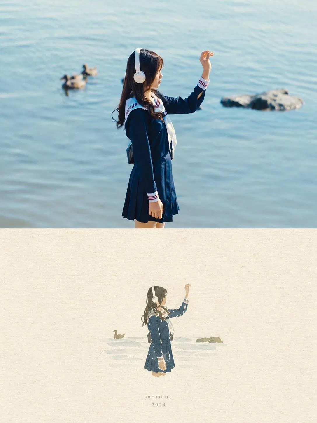 湖邊制服少女側身抬手的雙格海報，下半插畫以幾筆帶過髮型與耳機輪廓
