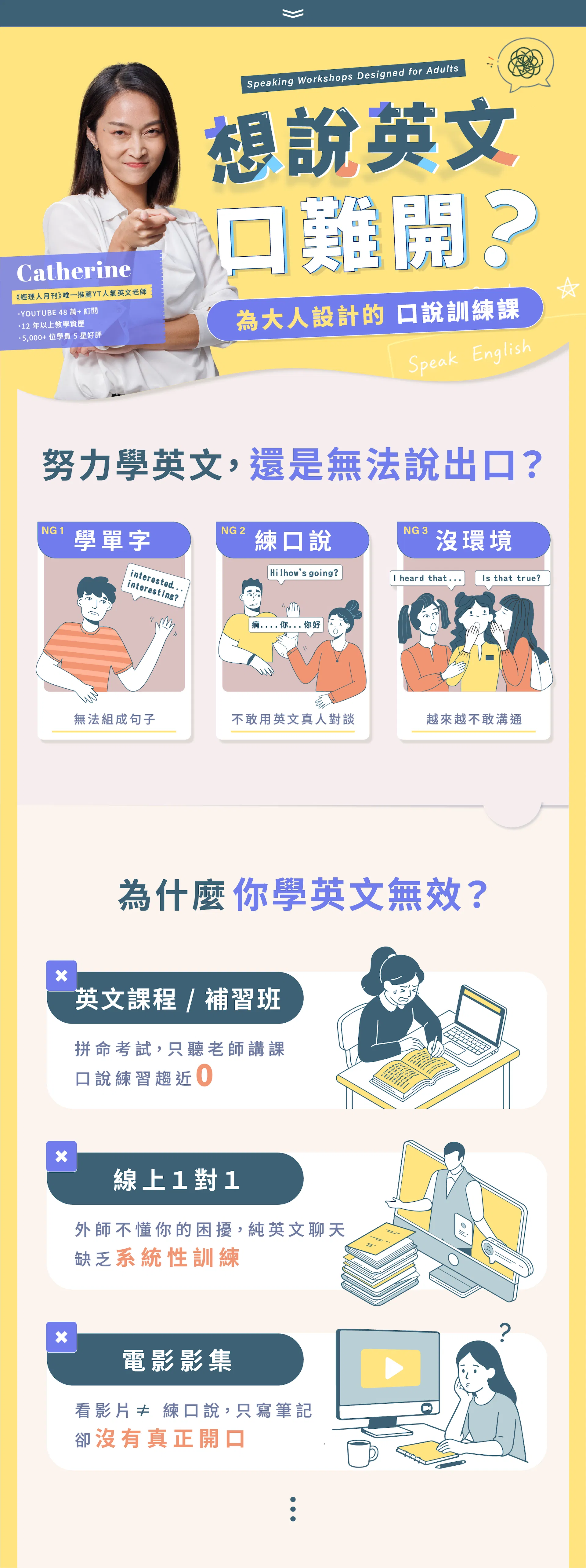 CS English 突破聽說系列，是專為成人設計的英文口說與聽力訓練課程，適合曾經學過英文，卻在真正對話時容易卡住、不敢開口，或聽得懂卻說不出來的學習者。