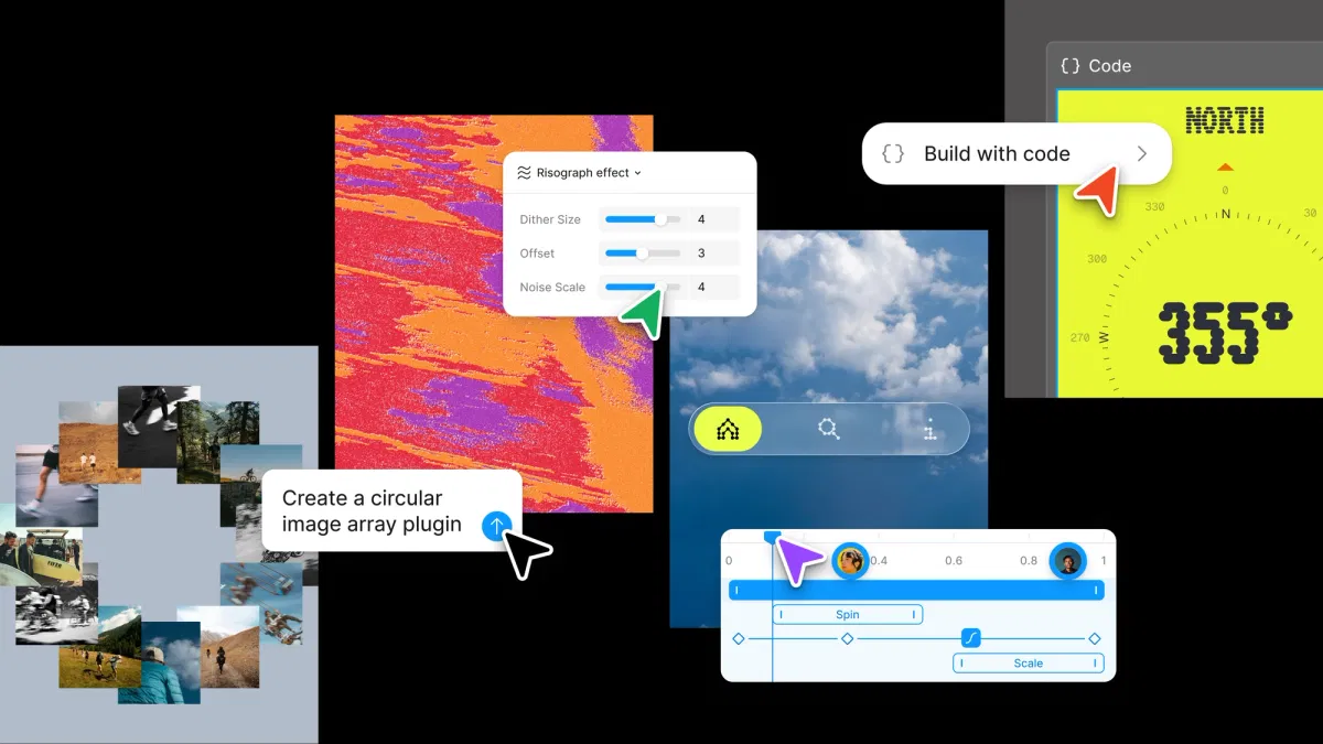 Figma Config 2026 展示畫布上的新材料，包含 Risograph shader 效果調整、generative plugin 製作圓形圖片陣列、code layers 製作指南針元件，以及帶關鍵影格的 Motion 時間軸