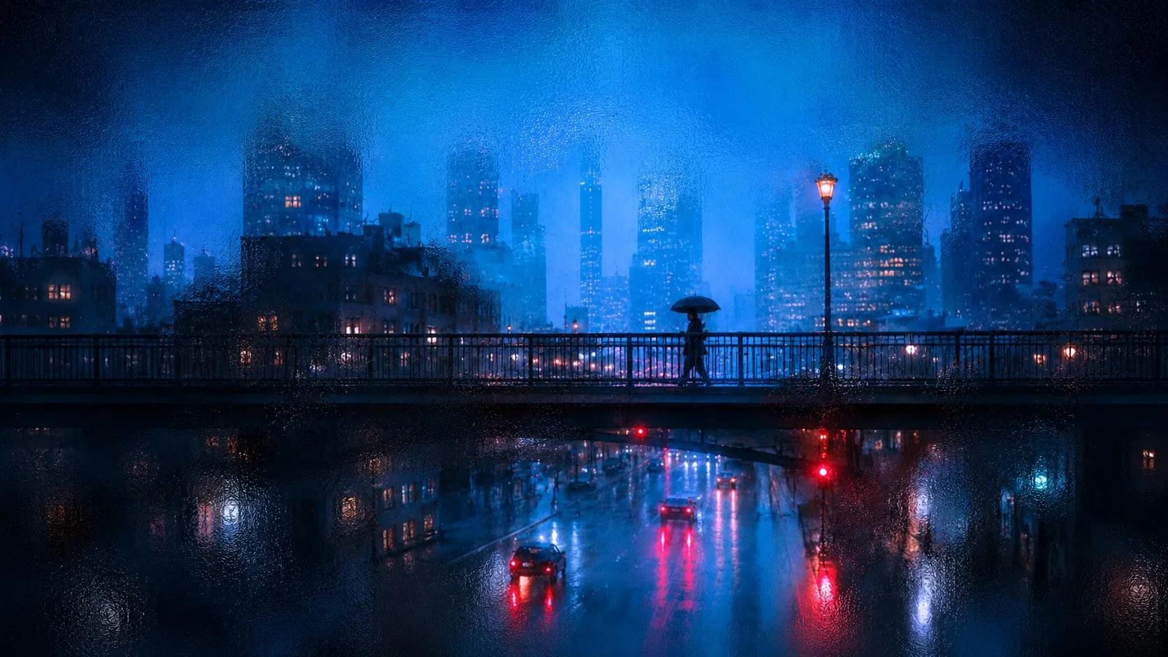 Photoshop 水霧玻璃效果範例:天橋上撐傘的人,藍色城市天際線藏進霧裡