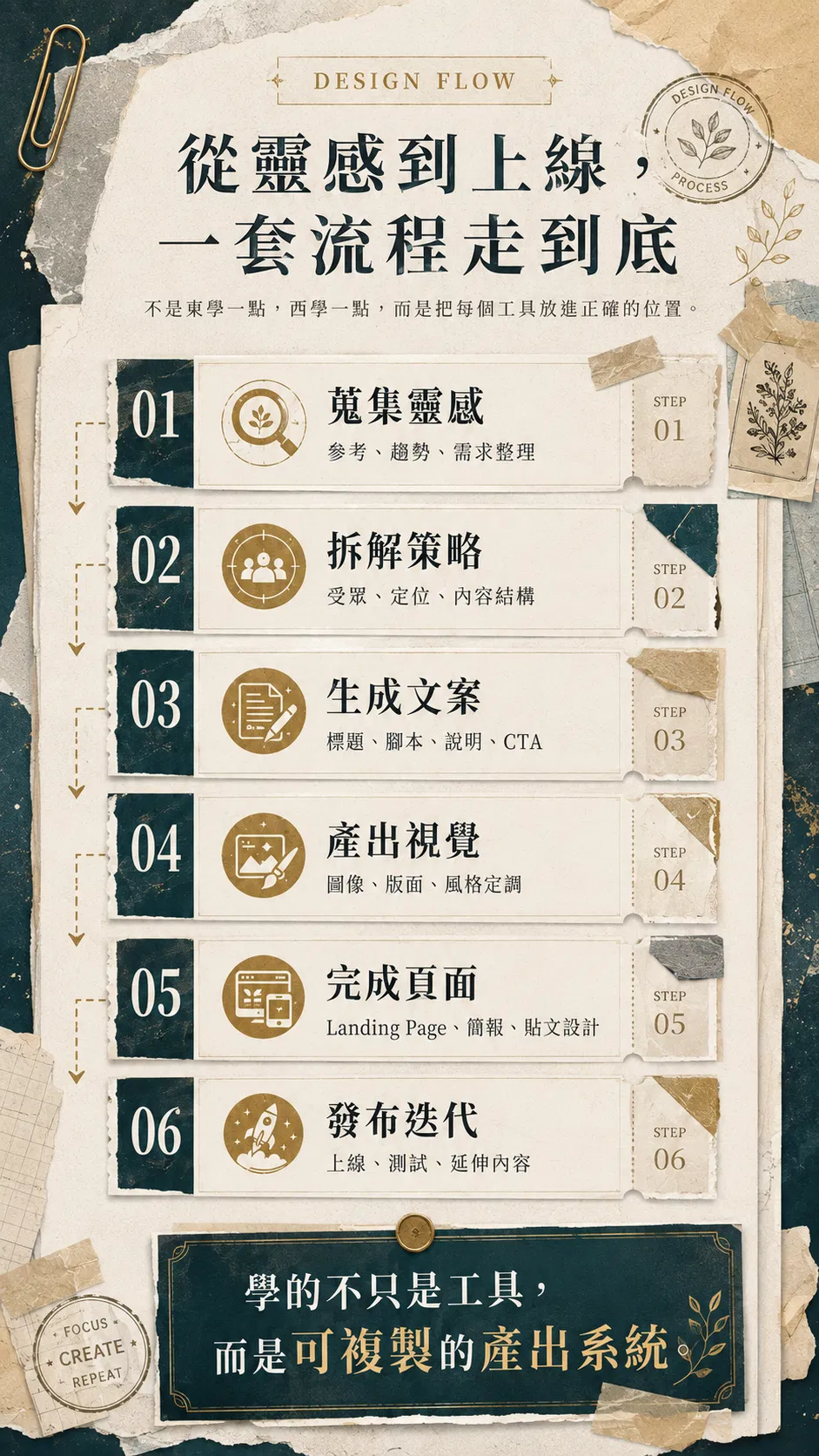 從靈感到上線,一套流程走到底——不是東學一點,西學一點,而是把每個工具放進正確的位置;01 蒐集靈感(參考、趨勢、需求整理)、02 拆解策略(受眾、定位、內容結構)、03 生成文案(標題、腳本、說明、CTA)、04 產出視覺(圖像、版面、風格定調)、05 完成頁面(Landing Page、簡報、貼文設計)、06 發布迭代(上線、測試、延伸內容);學的不只是工具,而是可複製的產出系統