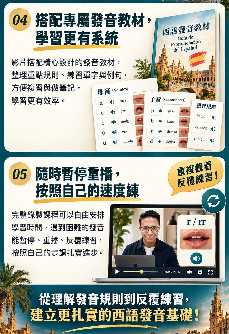 西班牙文發音課程特色｜專屬教材與影音重播練習