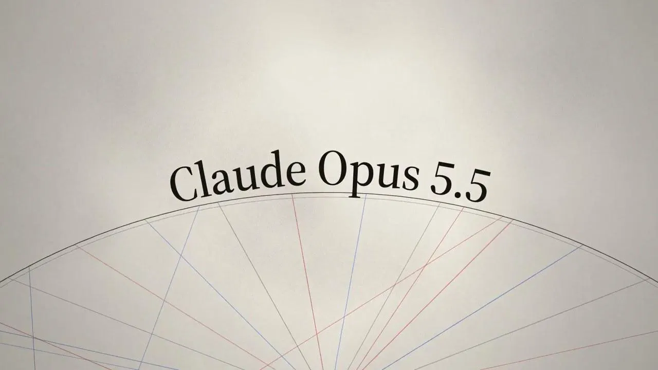 拼貼地平線風格短片畫面：弧形地平線上方的 Claude Opus 5.5 字樣