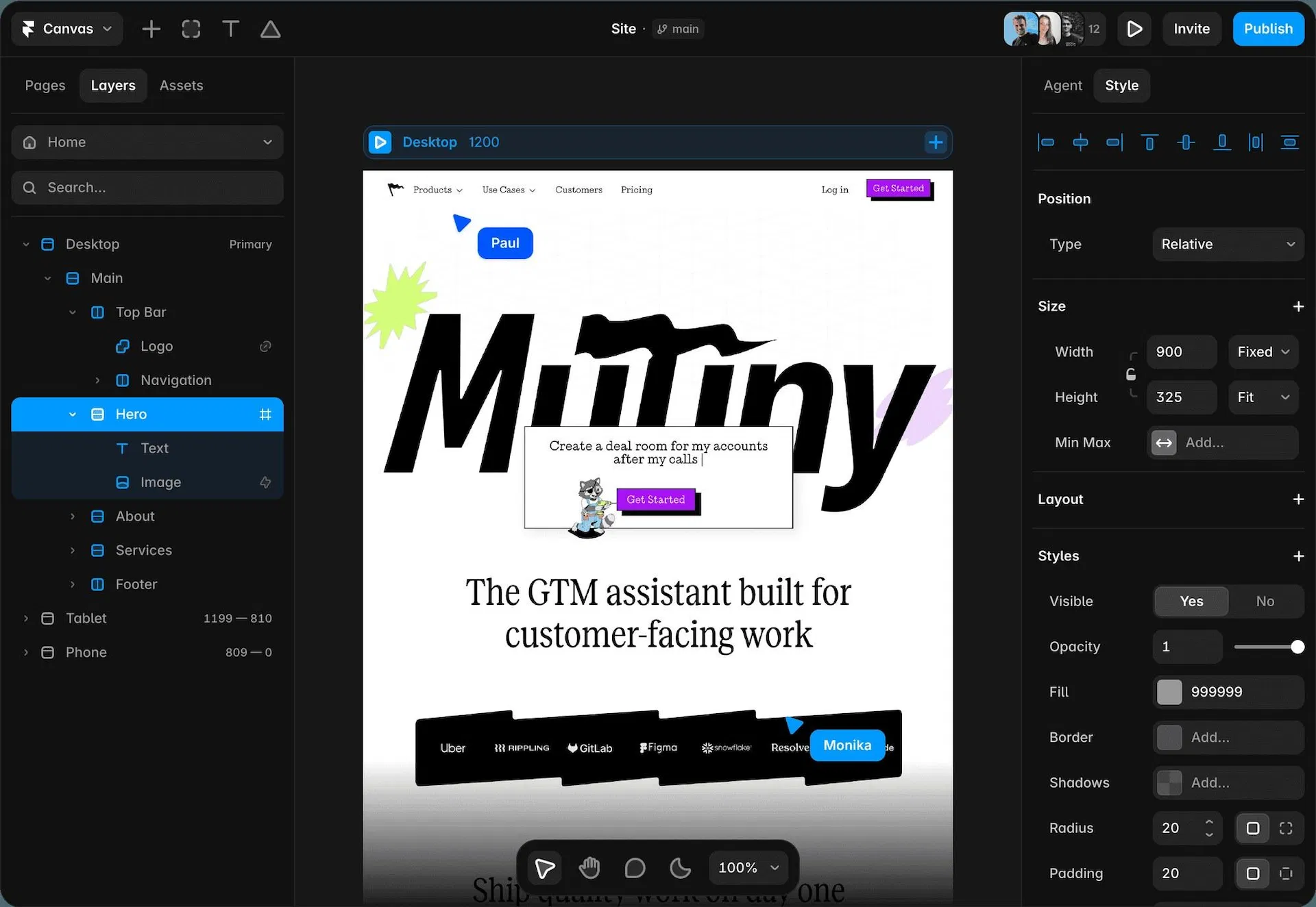 Framer 編輯器畫面，左側 Layers 面板列出 Top Bar、Hero、About、Services、Footer，右側屬性面板顯示 Padding 20 與 Radius 20