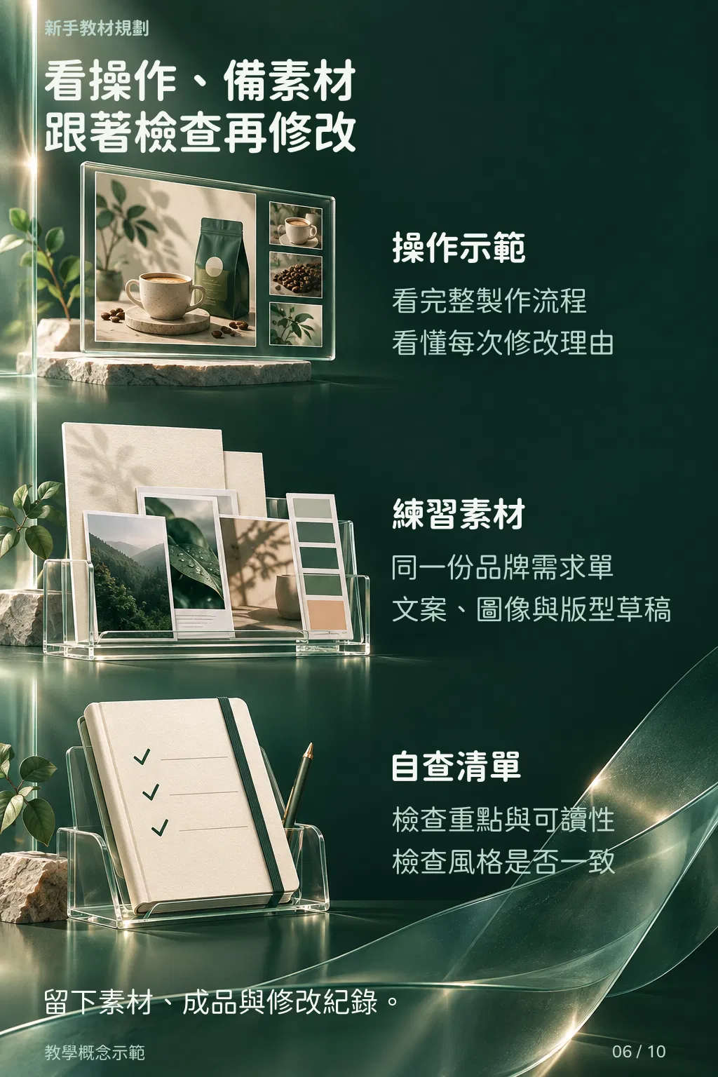 教材規劃:看操作、備素材、跟著檢查再修改——操作示範(看完整製作流程,看懂每次修改理由)、練習素材(同一份品牌需求單,文案、圖像與版型草稿)、自查清單(檢查重點與可讀性、檢查風格是否一致);留下素材、成品與修改紀錄