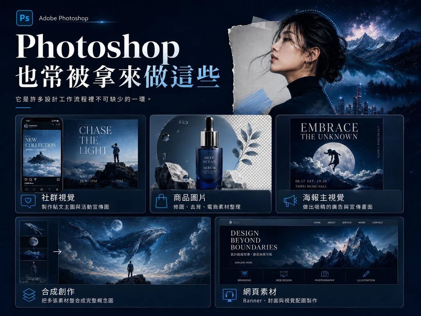 Photoshop 在設計工作流的多元應用：社群視覺、商品圖片、海報主視覺、合成創作、網頁素材