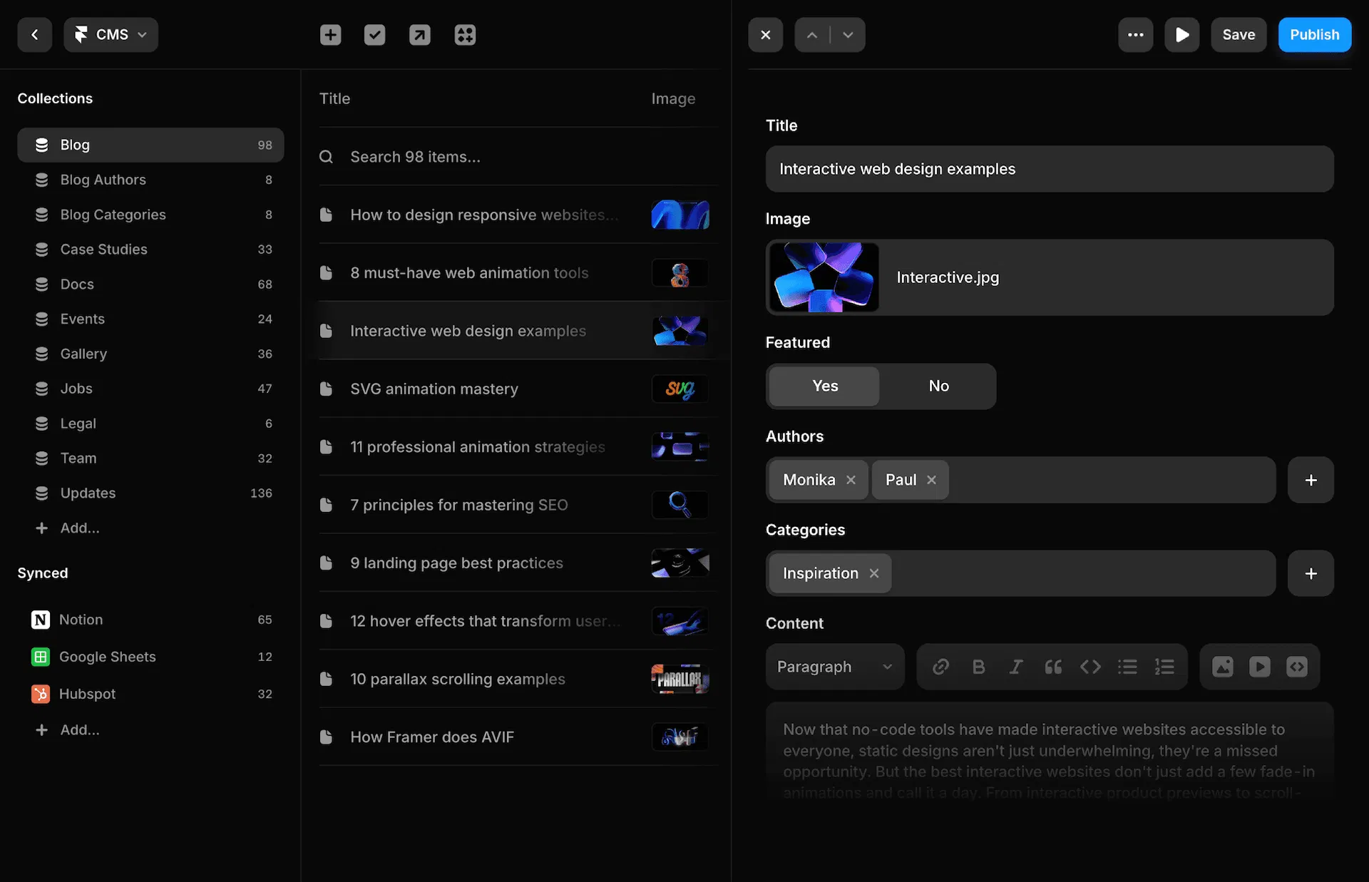 Framer CMS 3.0 介面，左側 Collections 列表顯示 Blog、Case Studies、Docs、Events、Gallery 等內容類型，中央是 98 筆 Blog 文章的列表，右側是文章編輯面板含 Title、Image、Featured、Authors、Categories 等欄位，左下方還有 Synced 區塊顯示與 Notion、Google Sheets、Hubspot 的同步
