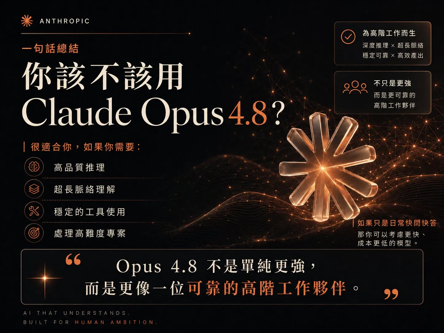 你該不該用 Claude Opus 4.8:適合需要高品質推理、超長脈絡理解、穩定工具使用、處理高難度專案的人