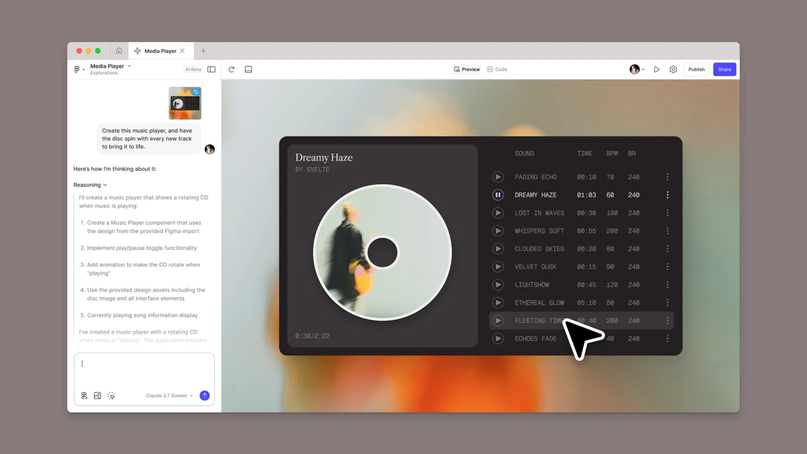 Figma Make 介面:prompt 轉互動式 app,由 Claude 模型驅動