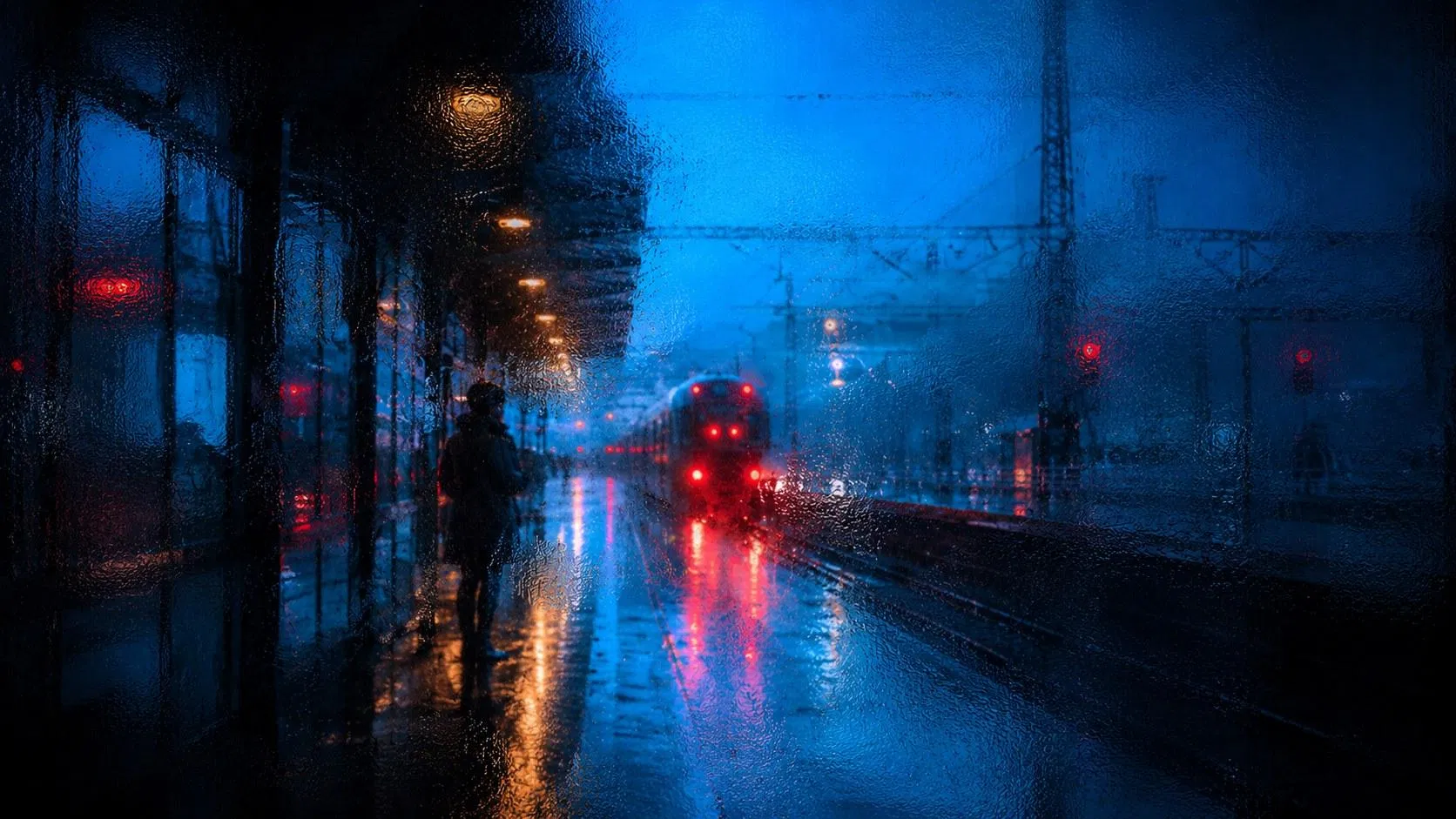 Photoshop 水霧玻璃效果範例:車站月台透過起霧玻璃,冷藍色調與列車紅燈對比