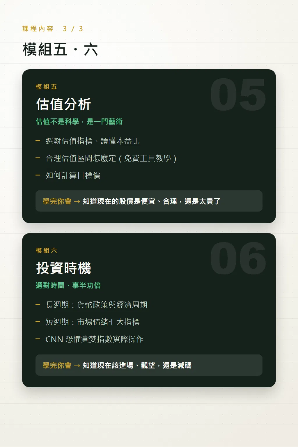 模組五估值分析與模組六投資時機的課程內容,含本益比、合理估值區間與市場情緒指標