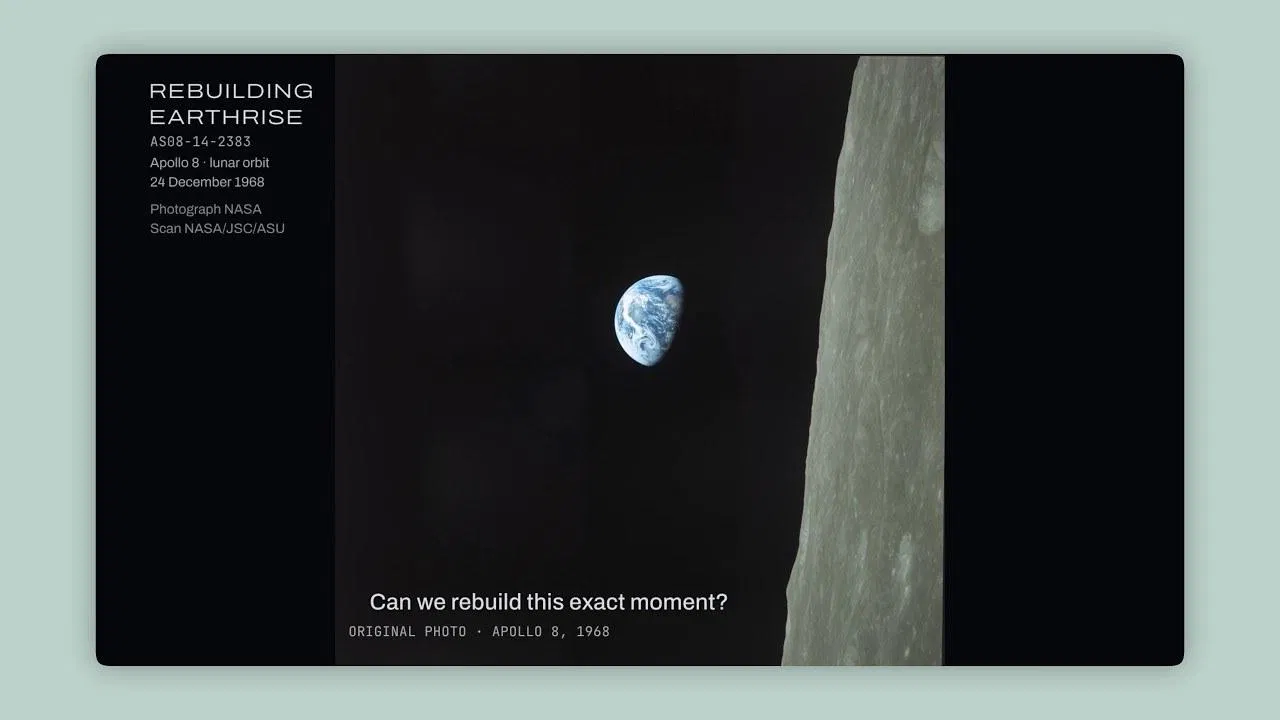 官方影片畫面：REBUILDING EARTHRISE 介面，月球地平線上方的地球