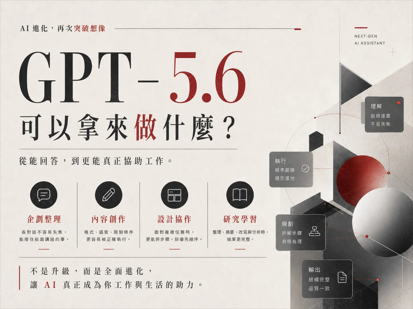 GPT-5.6 四個整體強化重點:上下文理解、指令跟隨、推理與規劃、輸出穩定度