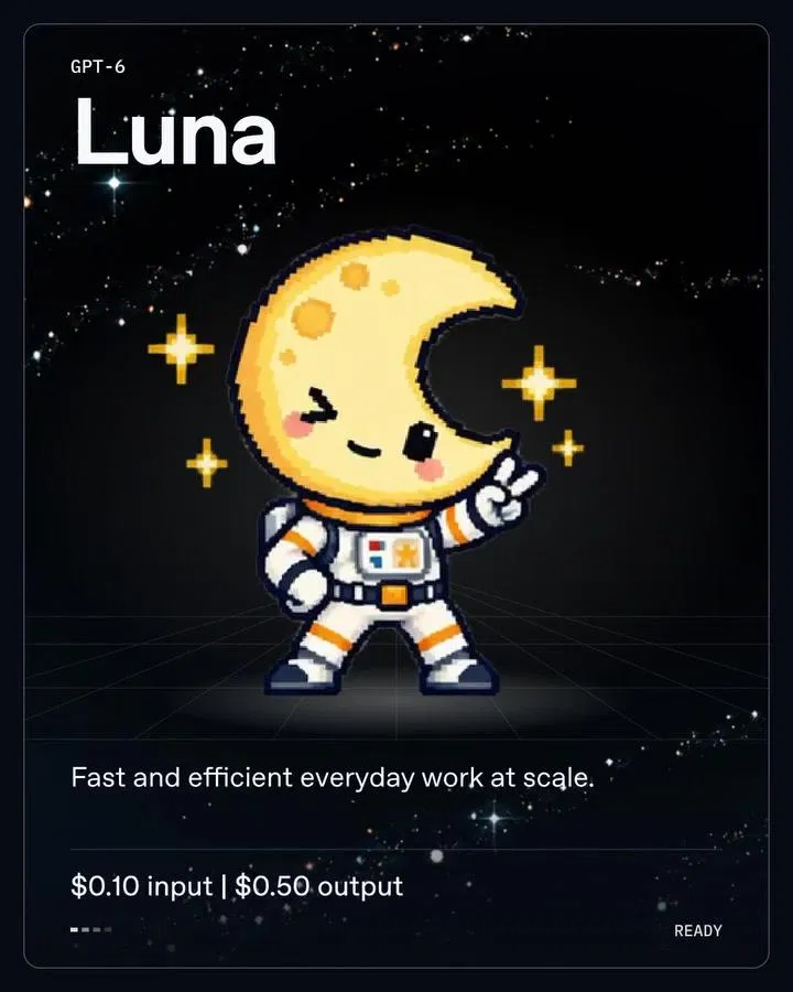 GPT-6 Luna 像素角色卡：月牙頭、穿太空衣比 YA 的角色，卡片文字 Fast and efficient everyday work at scale，價格 $0.10 input、$0.50 output