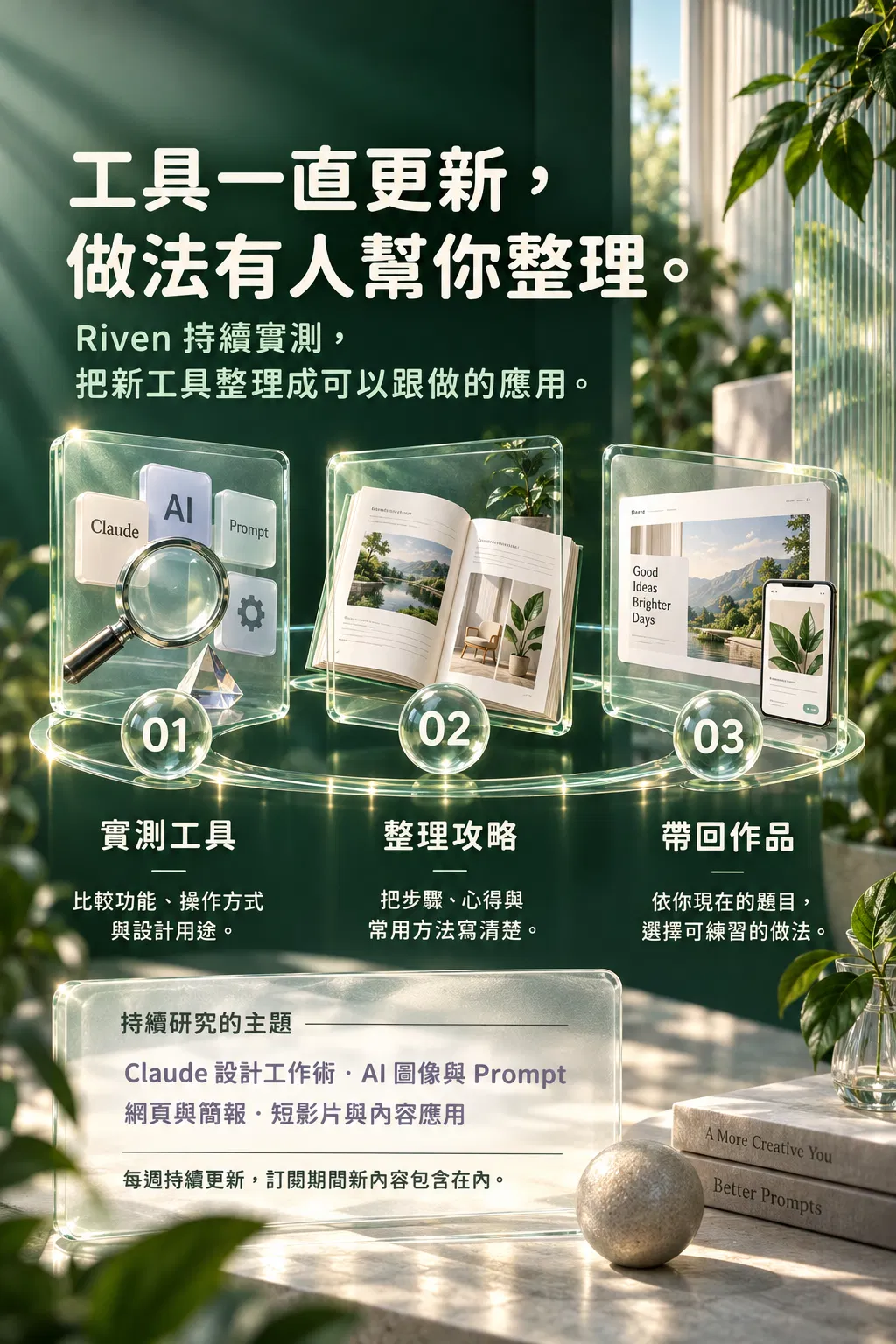 工具一直更新，做法有人幫你整理。——Riven 持續實測，把新工具整理成可以跟做的應用；實測工具；比較功能、操作方式與設計用途；整理攻略；把步驟、心得與常用方法寫清楚；帶回作品；依你現在的題目，選擇可練習的做法；持續研究的主題；Claude 設計工作術・AI 圖像與 Prompt；網頁與簡報・短影片與內容應用；每週持續更新，訂閱期間新內容包含在內