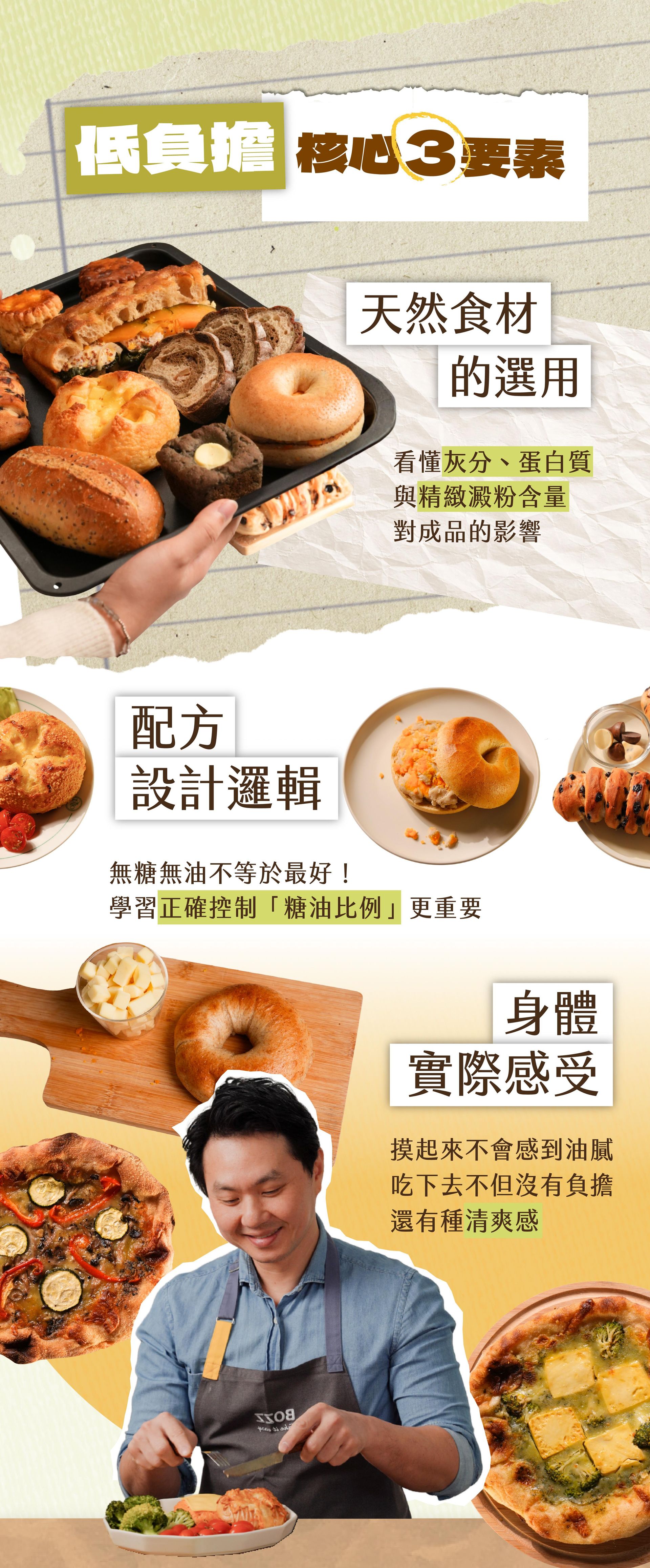 低負擔核心3要素- 1. 配方設計邏輯：
無糖無油不等於最好！學習正確控制「糖油比例」更重要。2. 天然食材的選用：看懂灰分、蛋白質與精緻澱粉含量對成品的影響。
3. 身體實際感受：摸起來不會感到油膩、吃下去不但沒有負擔，還有種清爽感
