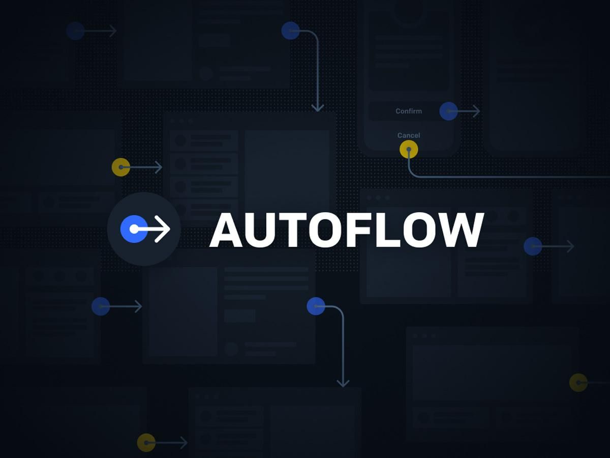 Autoflow plugin 官方視覺：深色背景 wireframe 與藍色箭頭流程線，連接多個畫面 frame