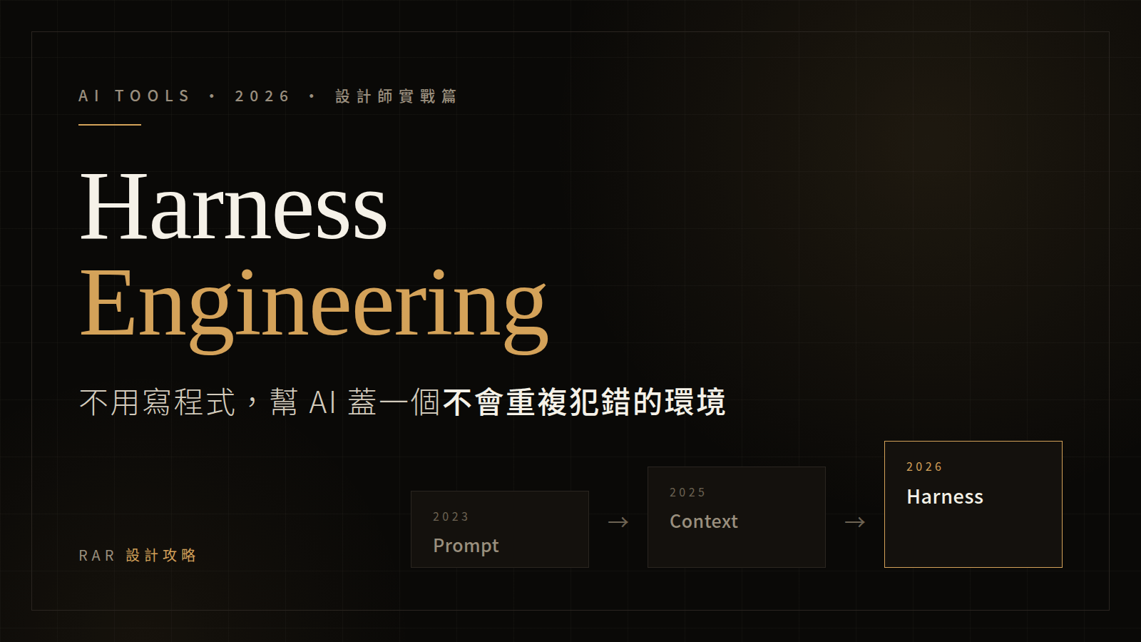 Harness Engineering 設計師實戰篇封面:從 Prompt 到 Context 到 Harness 的三個時代階梯