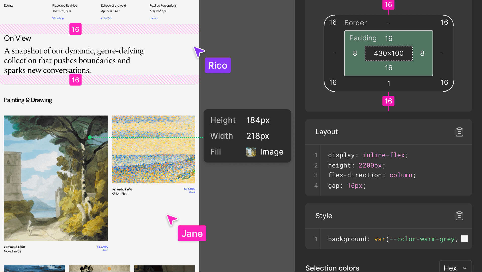 Figma Dev Mode 介面：左側是博物館網站的視覺稿與多名設計師協作游標（Rico、Jane），右側顯示 padding、layout、CSS 規格交付給工程師