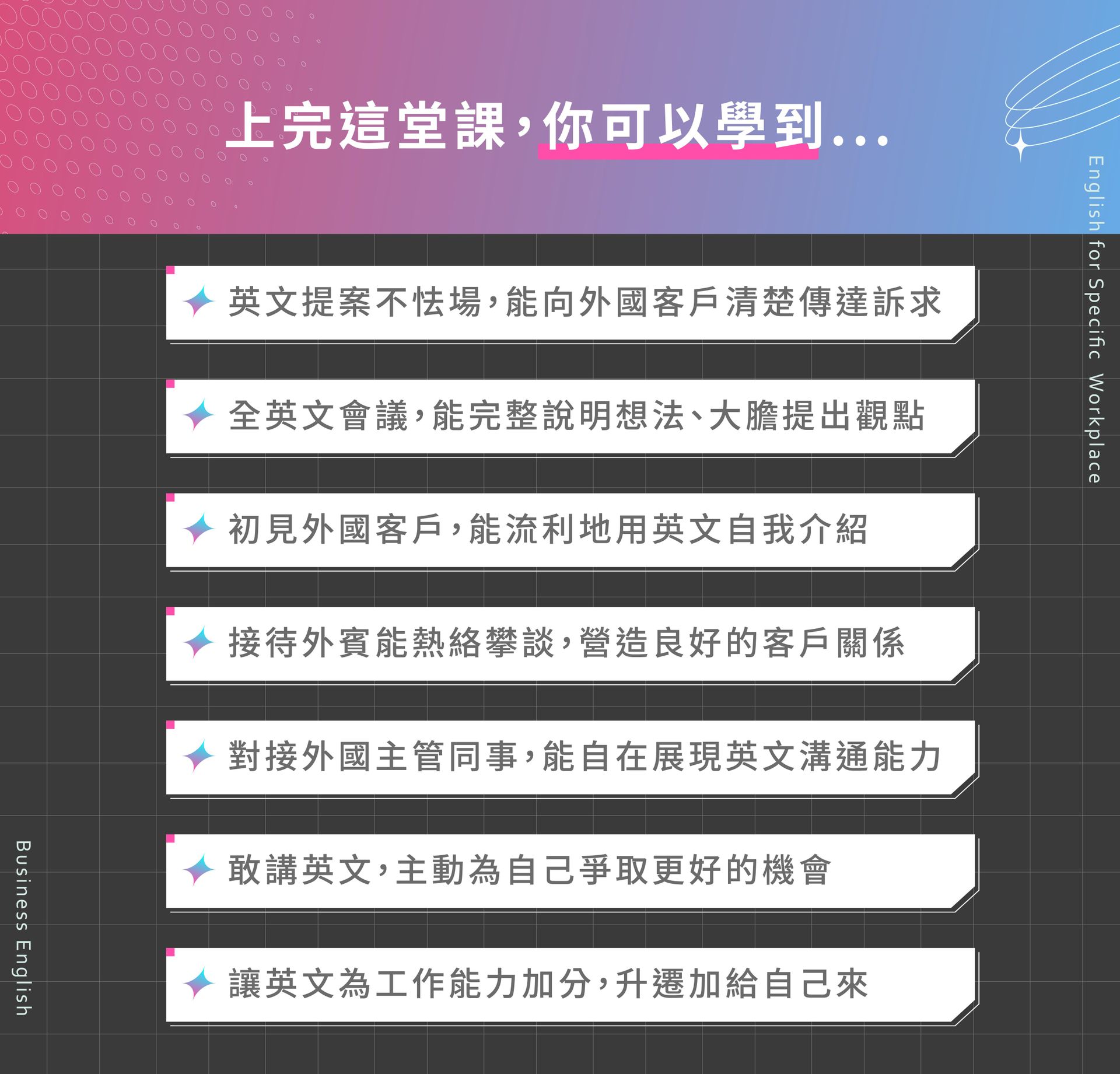 英文提案,向外國客戶清楚傳達訴求|全英文會議,完整說明想法觀點|接見外國客戶,用英文自我介紹|接待外賓能熱絡攀談,營造良好客戶關係|對接外國主管同事,流暢英文溝通|敢講英文為自己爭取更好的機會|讓英文為工作能力加分,升遷加給自己來