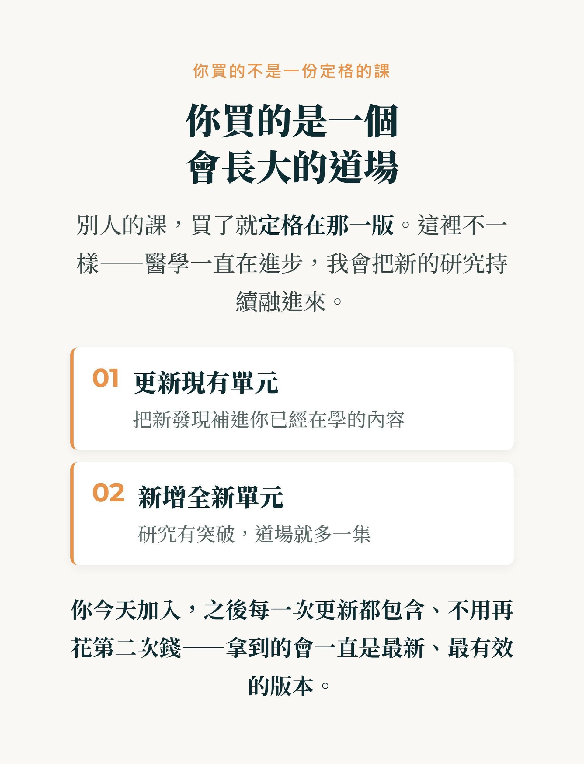 28集只是入門，道場持續加入最新醫學研究新單元，加入一次永久看得到含後續更新