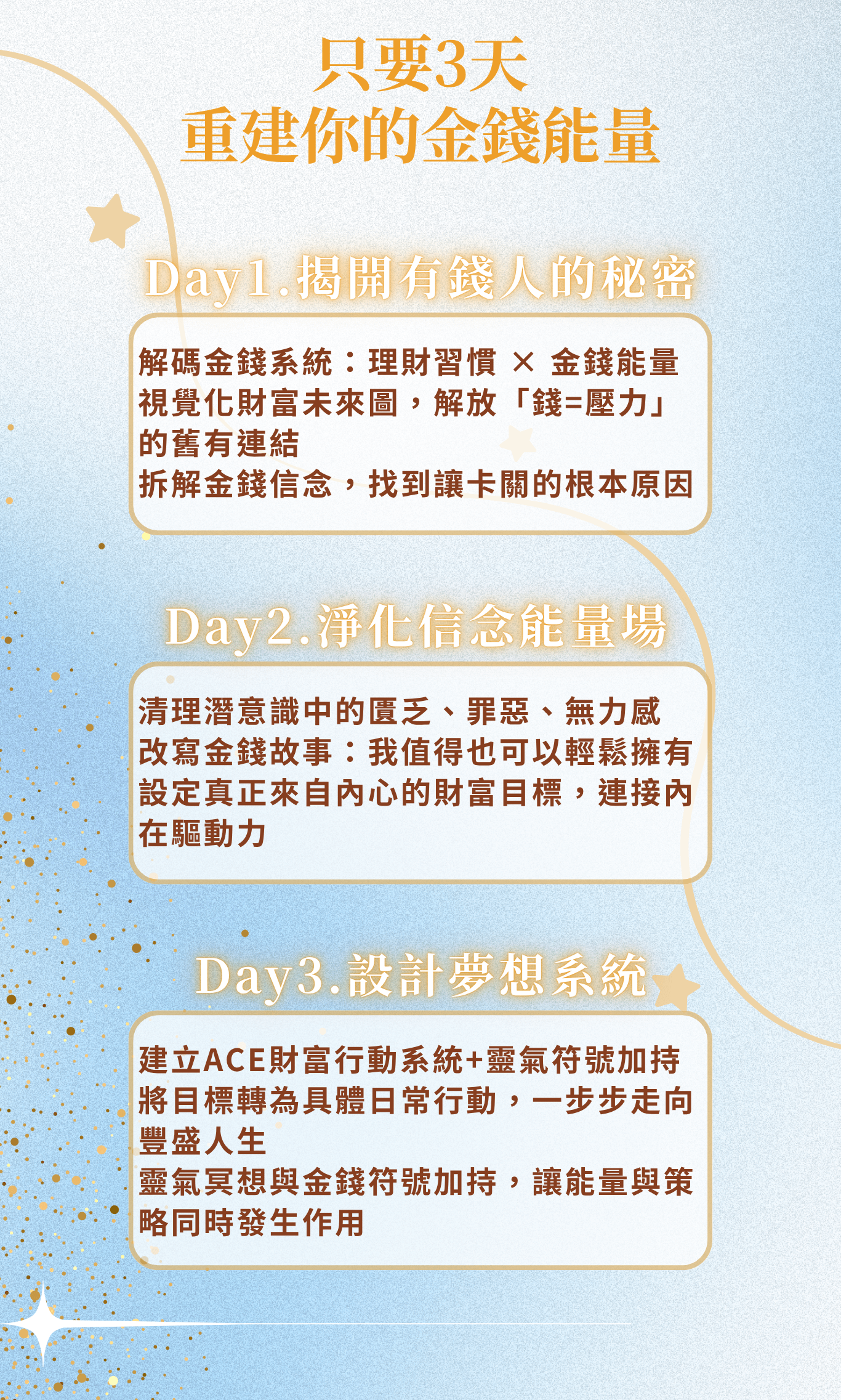 金錢密碼x豐盛力課程，專為渴望財富自由的你打造，透過東京小姐學院獨家心靈豐盛系統，深入探索潛意識金錢信念、解鎖財富能量，協助你重編內在金錢藍圖，擺脫匱乏焦慮，全面啟動豐盛力場。加入我們，學會連結宇宙豐盛頻率，讓金錢流動成為生活日常，重新啟動你的財富系統，開啟富足喜悅的人生旅程