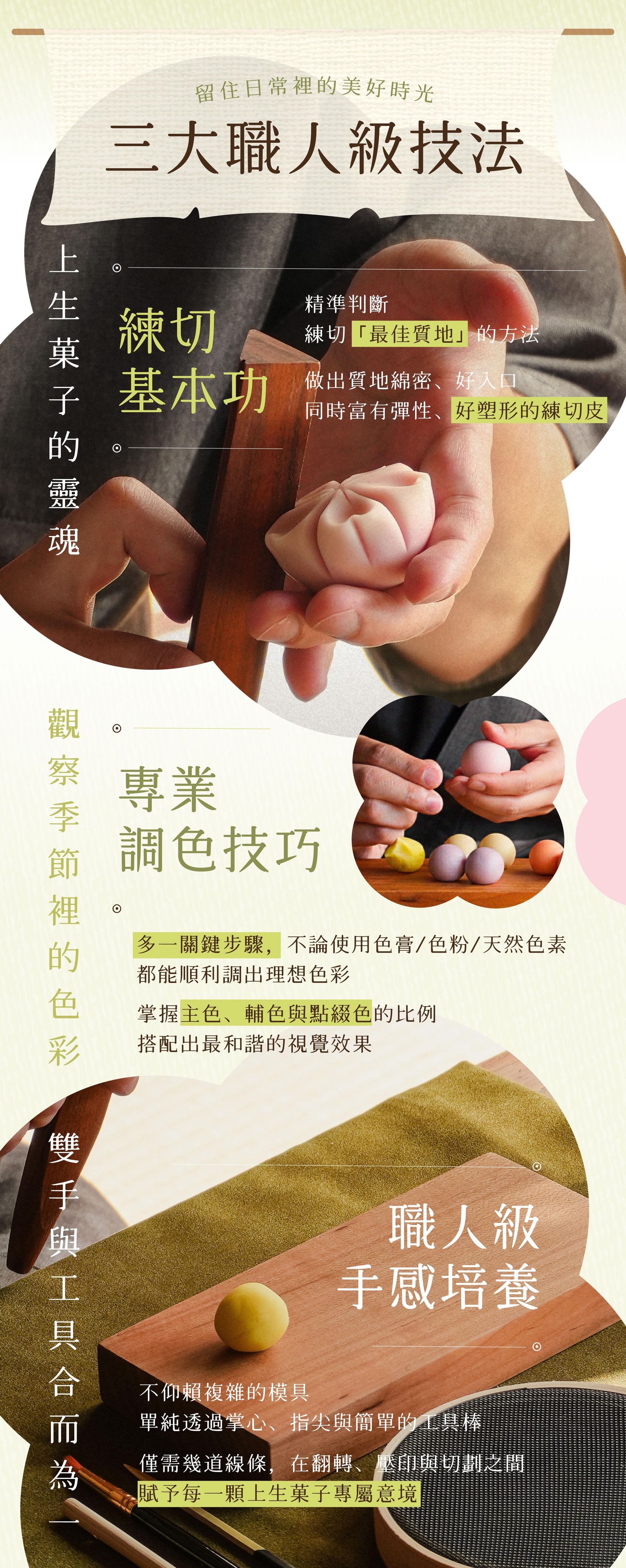 3 大職人級技法：一、上生菓子的靈魂｜練切基本功；二、季節裡的色彩觀察｜專業調色技巧；三、職人級手感的培養｜善用雙手與工具