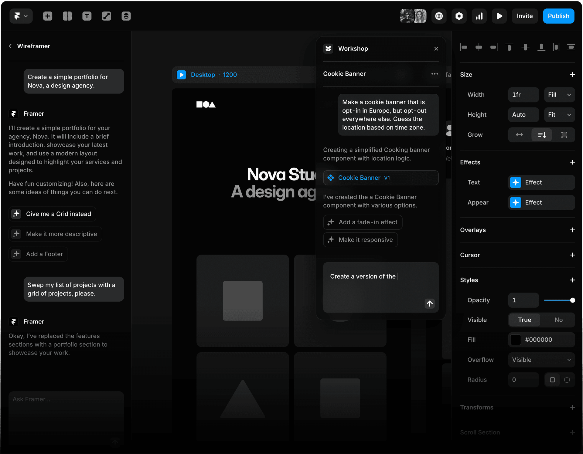 Framer 編輯器內同時開啟 Wireframer 與 Workshop 兩個 AI 工具的畫面，左側用自然語言生網站草稿，中央彈出 Workshop 對話視窗在生成 Cookie Banner 元件，右側是熟悉的設計屬性面板