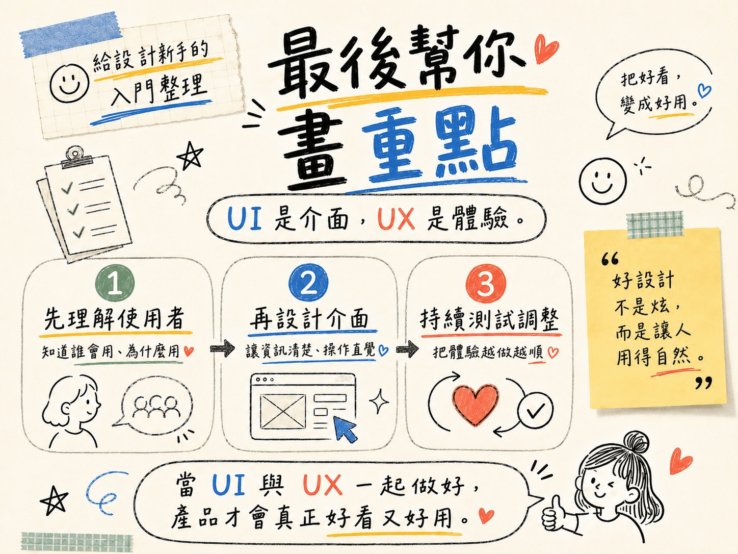 最後幫你畫重點：UI 是介面，UX 是體驗。三步驟：1 先理解使用者、知道誰會用為什麼用；2 再設計介面、讓資訊清楚操作直覺；3 持續測試調整、把體驗越做越順。好設計不是炫，而是讓人用得自然。當 UI 與 UX 一起做好，產品才會真正好看又好用。