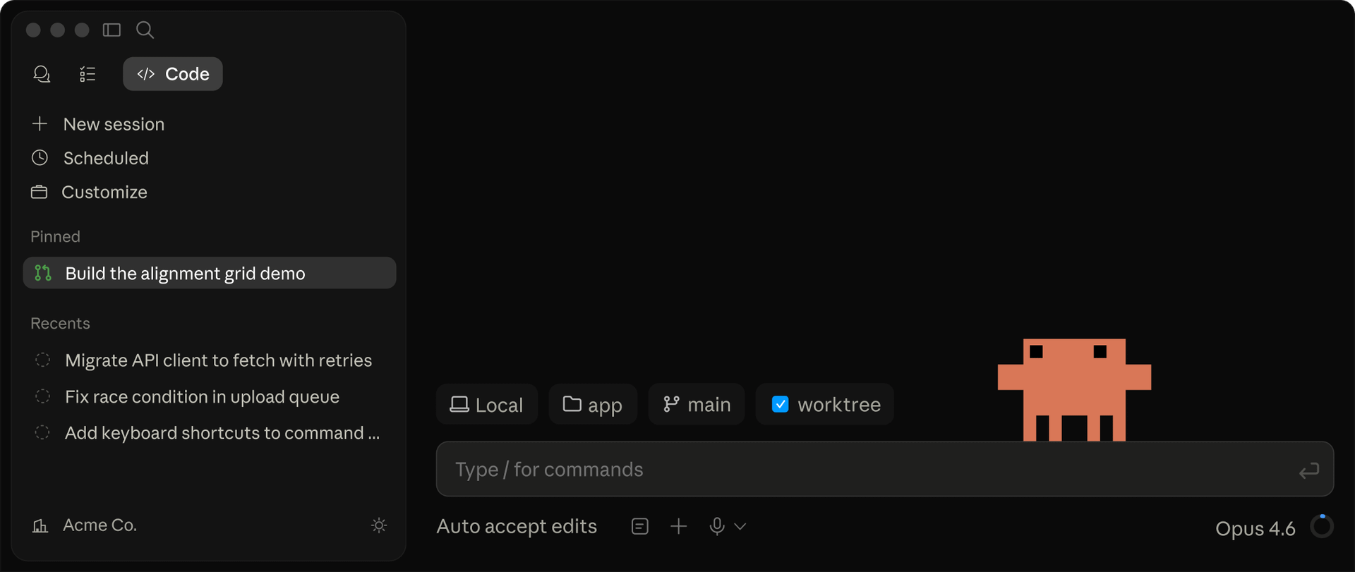 Claude Code 桌面 GUI 新介面,左側 sidebar 可管理多個 session,支援 worktree 隔離