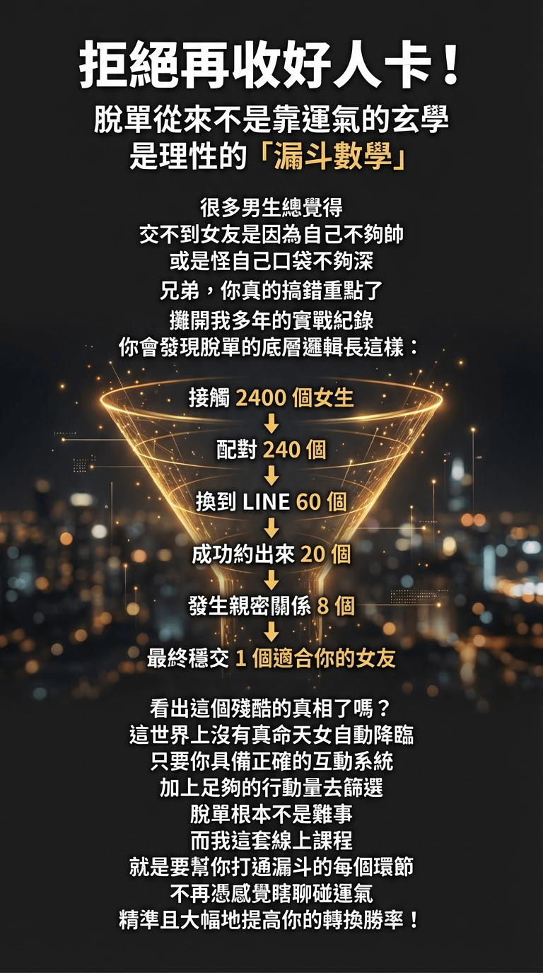拒絕再收好人卡！ 脫單從來不是靠運氣的玄學是理性的「漏斗數學」很多男生總覺得 交不到女友是因為自己不夠帥或是怪自己口袋不夠深 兄弟，你真的搞錯重點了 攤開我多年的實戰紀錄 你會發現脫單的底層邏輯長這樣： 接觸 2400個女牛 配對240個 换到 LINE 60個 成功約出來20個 發生親密關係8個 最終穩交 1個適合你的女友看出這個殘酷的真相了嗎？ 這世界上沒有真命天女自動降臨只要你具備正確的互動系統加上足夠的行動量去篩選 脫單根本不是難事而我這套線上課程 就是要幫你打通漏斗的每個環節不再憑感覺瞎聊碰運氣 精準且大幅地提高你的轉換勝率！