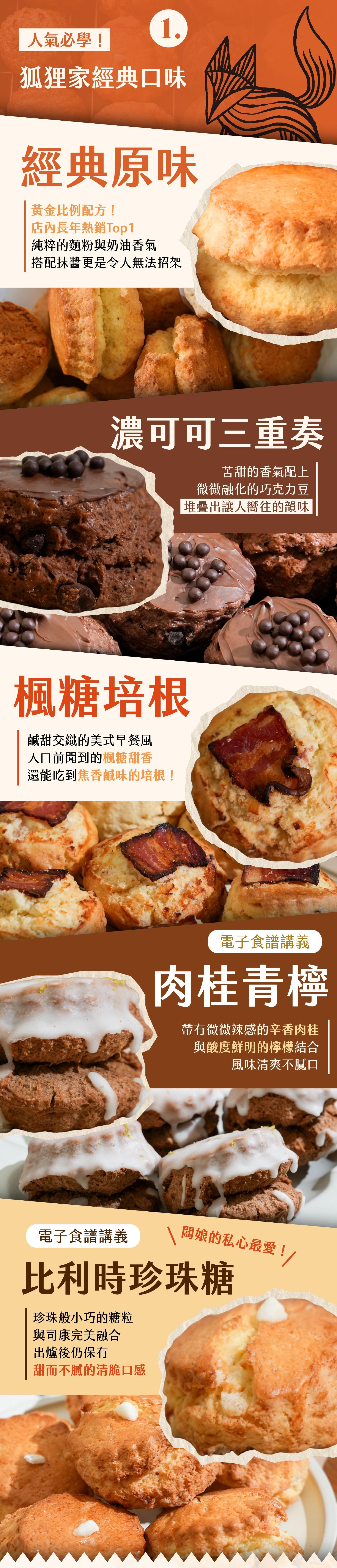 人氣必學的經典口味：經典原味、濃可可三重奏、楓糖培根、肉桂青檸、比利時珍珠糖