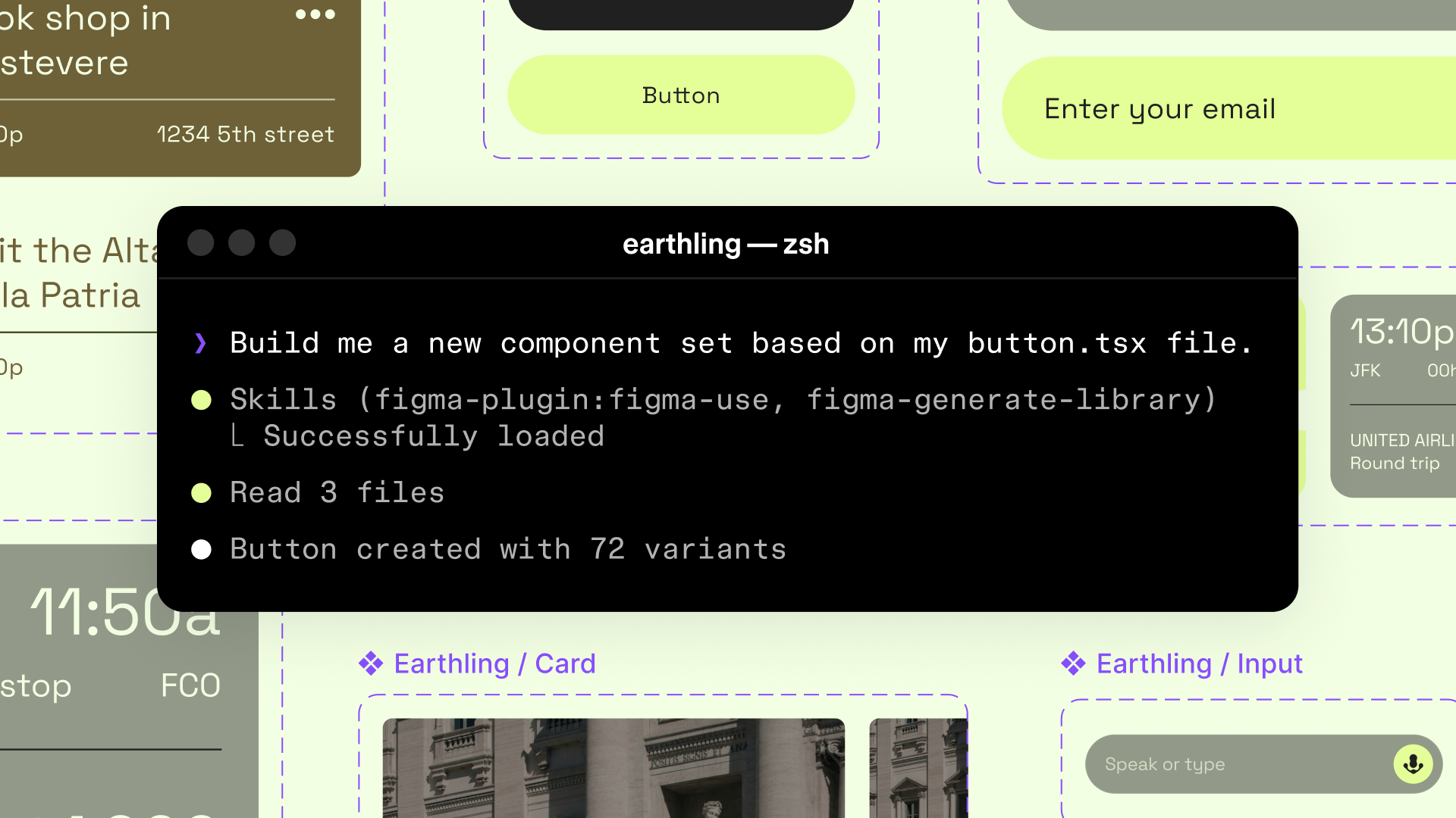 Figma Agent terminal 介面顯示一句指令「Build me a new component set based on my button.tsx file」之後，直接讀取 3 個檔案、自動生成 72 個按鈕變體