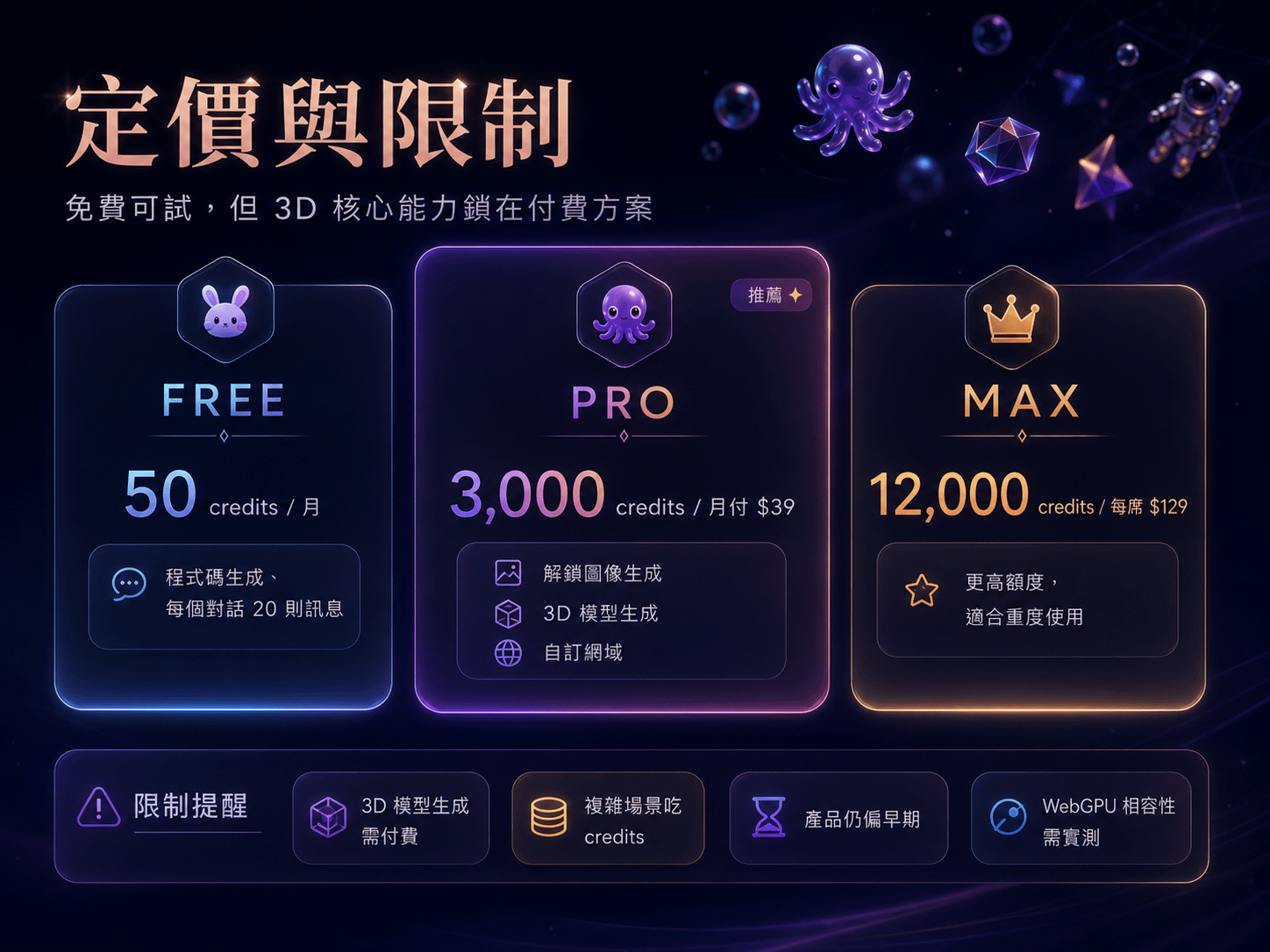 Omma 定價與限制總覽圖：FREE 每月 50 credits、PRO 3,000 credits 月付 39 美元、MAX 12,000 credits 每席 129 美元，下方列出 3D 生成需付費、複雜場景吃 credits、產品仍偏早期、WebGPU 相容性需實測四項限制提醒