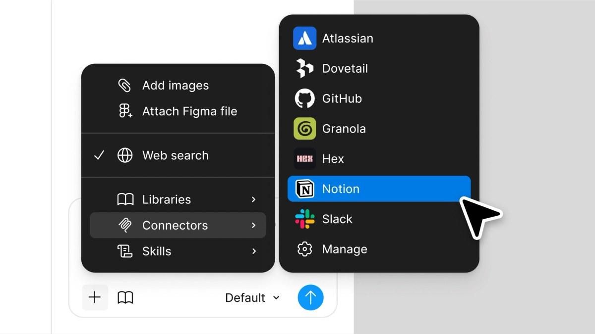 Figma Agent 對話框的 Connectors 選單展開,可選 Atlassian、Dovetail、GitHub、Granola、Hex、Notion、Slack,上方還有加圖片、附加 Figma 檔案、網頁搜尋、Libraries、Skills 等選項