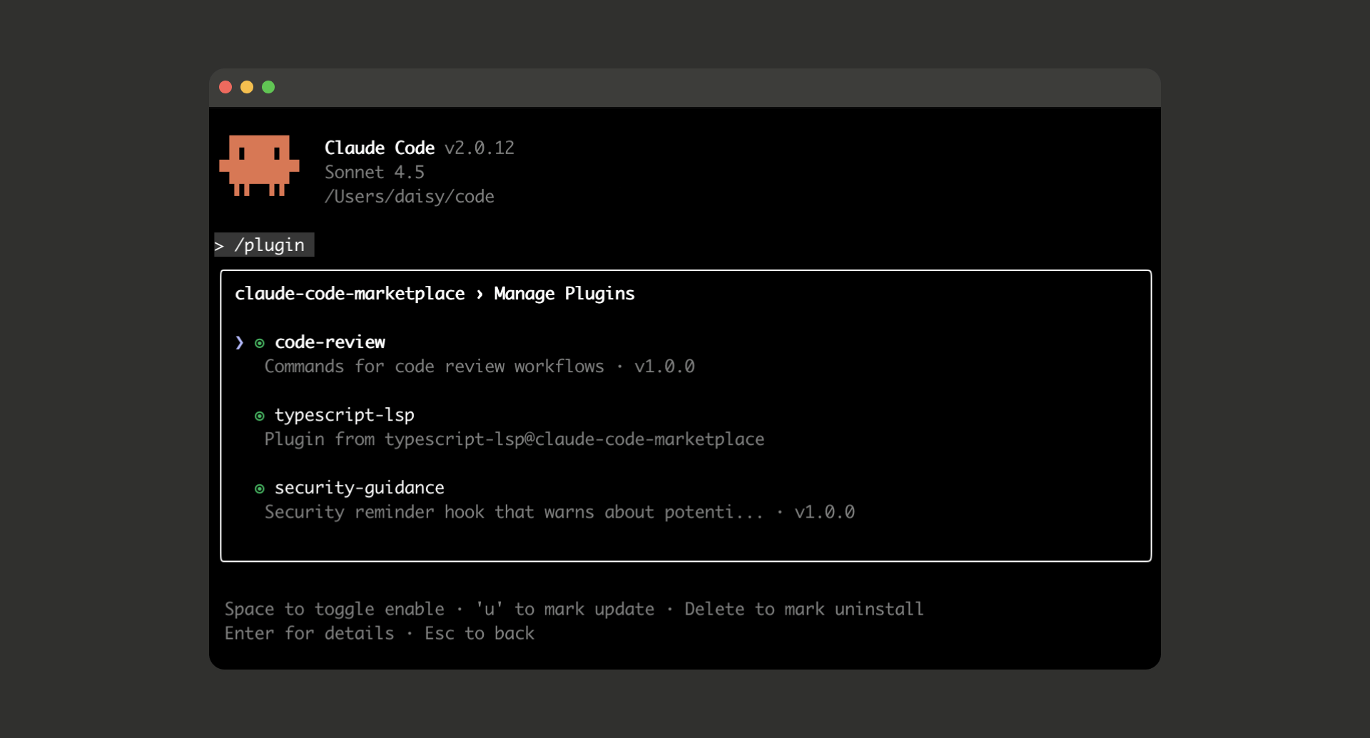 Claude Code v2.0.12 終端機介面，執行 /plugin 指令後顯示 Manage Plugins 頁面，列出 code-review、typescript-lsp、security-guidance 三個 plugin